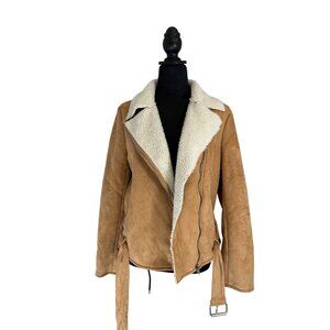 Womens Tan Faux Suede Jacket With Shearling Lining & Belted Waist